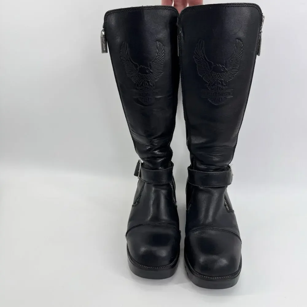 Vintage Harley-Davidson Tall Boots Women 6 Black Riding Eagle Logo Leather - Picture 4 of 16